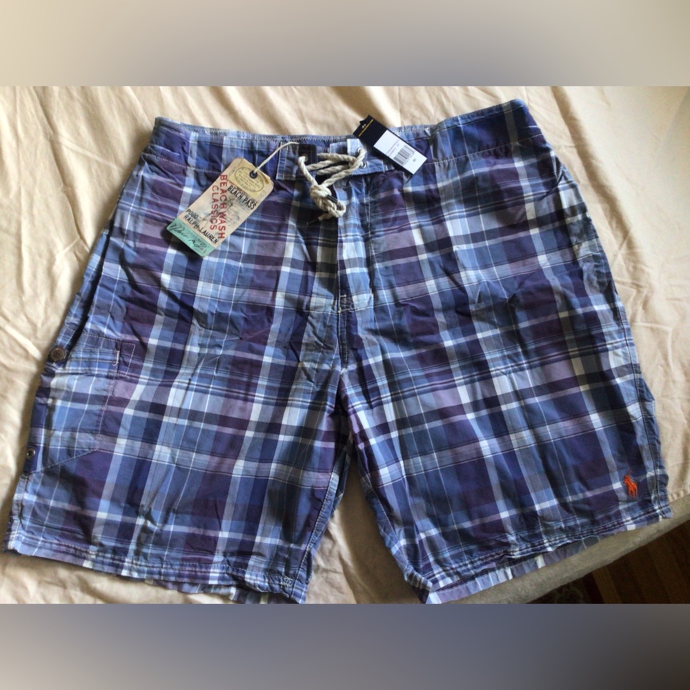 Polo by Ralph Lauren Beach Wash Blue and White Plaid Swim Board Shorts